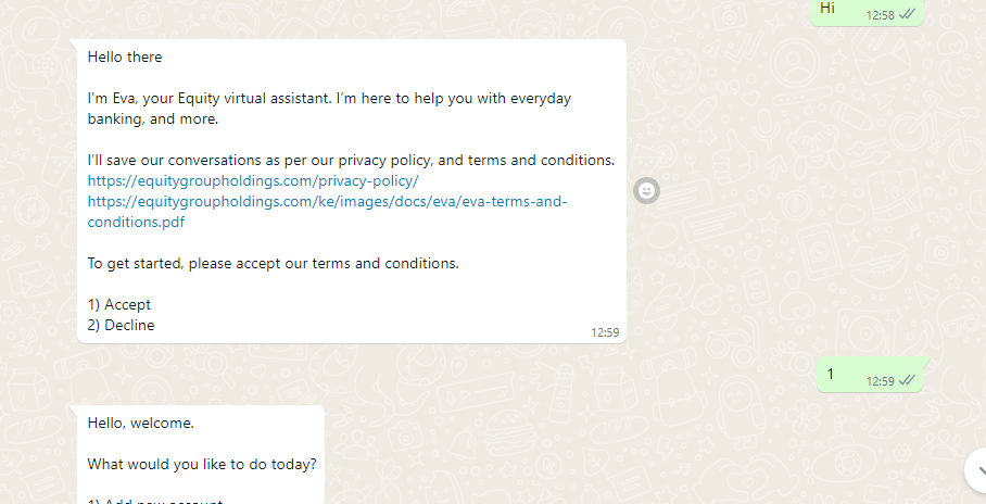 A conversation with Equity Whatsapp chatbot